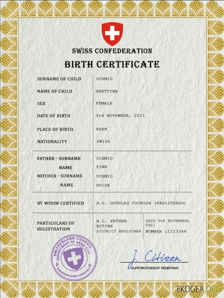 Modèle PSD d'acte de naissance de l'état civil de la Suisse